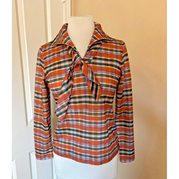 60s 70s Vintage Country Miss Plaid Blouse Sash Orange Sz 10 - Picture 1 of 8